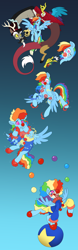 Size: 1280x4106 | Tagged: safe, artist:atcpony, derpibooru import, discord, rainbow dash, draconequus, pegasus, pony, g4, balancing, ball, clown, clown makeup, clown nose, commission, duo, duo male and female, female, gradient background, hypnosis, juggling, male, mare, mind control, rainbow wig, red nose, swirly eyes, transformation, transformation sequence