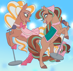 Size: 2048x1999 | Tagged: safe, artist:calaphort, derpibooru import, horse, bow, cherie (wild manes), clothes, cocoa (wild manes), duo, duo female, female, hair bow, headscarf, hoof shoes, looking at each other, looking at someone, mare, microphone, open mouth, open smile, rearing, saddle, scarf, signature, singing, smiling, tack, tail, tail bow, wild manes