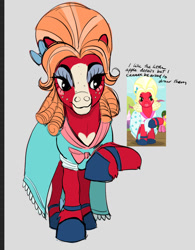 Size: 1070x1374 | Tagged: safe, artist:calaphort, derpibooru import, big macintosh, cherry berry, earth pony, pony, brotherhooves social, g4, blaze (coat marking), blushing, bow, clothes, coat markings, crossdressing, dress, eyeshadow, facial markings, hair bow, hoof shoes, makeup, male, my little pony: friendship is magic, orchard blossom, raised hoof, raised leg, scene interpretation, screencap reference, stallion, wig