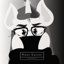 Size: 1920x1920 | Tagged: safe, artist:anyothermailpony, derpibooru import, moondancer, pony, unicorn, g4, album cover, album parody, bust, clothes, covering mouth, ear fluff, ears, eyebrows, eyelashes, eyeliner, female, glasses, hair tie, horn, makeup, mare, messy mane, monochrome, parody, portrait, solo, staring at you, striped mane, sweater, taped glasses