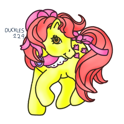 Size: 1500x1500 | Tagged: safe, artist:duckles129, derpibooru import, apple bloom, earth pony, pony, g1, g4, apple bloom's bow, bow, female, foal, g4 to g1, generation leap, hair bow, mare, older, older apple bloom, raised hoof, raised leg, signature, simple background, solo, tail, tail bow, white background