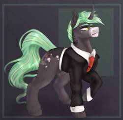 Size: 1959x1911 | Tagged: safe, artist:charlotte38, derpibooru import, oc, oc only, pony, unicorn, clothes, curved horn, horn, male, necktie, nudity, sheath, solo, stallion