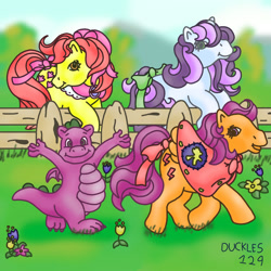 Size: 1500x1500 | Tagged: safe, artist:duckles129, derpibooru import, apple bloom, scootaloo, spike, sweetie belle, dragon, earth pony, pegasus, pony, unicorn, g1, g4, apple bloom's bow, bow, cape, clothes, cutie mark crusaders, female, fence, flower, g4 to g1, generation leap, hair bow, horn, looking at you, male, mare, older, older apple bloom, older scootaloo, older sweetie belle, outdoors, smiling, spread wings, tail, tail bow, winged spike, wings