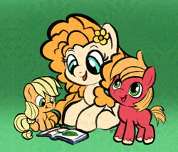 Size: 2490x2130 | Tagged: safe, artist:amynewblue, derpibooru import, applejack, big macintosh, pear butter, earth pony, pony, g4, apple family, apple family member, colt, colt big macintosh, cute, family, female, filly, filly applejack, flower, flower in hair, foal, glazed, jackabetes, macabetes, male, mother, my little pony: friendship is magic, pearabetes, reading, sketch, younger