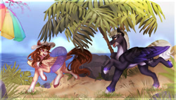 Size: 1180x677 | Tagged: safe, artist:charlotte38, derpibooru import, oc, oc only, oc:charlotte, pegasus, pony, butt, duo, female, male, mare, nudity, plot, sheath, stallion