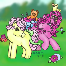 Size: 1500x1500 | Tagged: safe, artist:duckles129, derpibooru import, li'l cheese, pinkie pie, earth pony, pony, g1, g4, bow, colt, duo, duo male and female, female, flower, foal, g4 to g1, generation leap, male, mare, mother and child, mother and son, outdoors, parent and child, plushie, rubber duck, signature, tail, tail bow, teddy bear