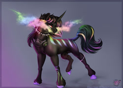 Size: 1280x922 | Tagged: safe, artist:charlotte38, derpibooru import, oc, oc only, pony, unicorn, collar, horn, male, nudity, sheath, solo, spiked collar, stallion