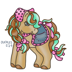 Size: 1500x1500 | Tagged: safe, artist:duckles129, derpibooru import, horse, g1, bow, choker, clothes, cocoa (wild manes), female, hair bow, headscarf, hooves, mare, saddle, scarf, signature, simple background, solo, style emulation, tack, tail, tail bow, white background, wild manes