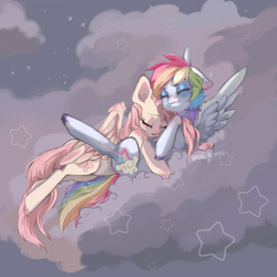 Size: 1920x1920 | Tagged: safe, artist:yuki_fawn, derpibooru import, fluttershy, rainbow dash, pegasus, pony, cloud, cuddling, duo, female, flutterdash, lesbian, mare, on a cloud, shipping, sleeping, unshorn fetlocks