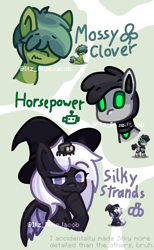 Size: 1380x2237 | Tagged: safe, artist:itz_bluejacob, derpibooru exclusive, derpibooru import, oc, oc only, oc:horsepower, oc:mossy clover, oc:silky strands (itz_bluejacob), bat pony, earth pony, pony, robot, robot pony, spider, :3, bat wings, clover, hair over eyes, hat, newbie artist training grounds, pony town, pumpkin, shy, simple background, smiling, smug, smug smile, watermark, white background, wings, witch, witch hat