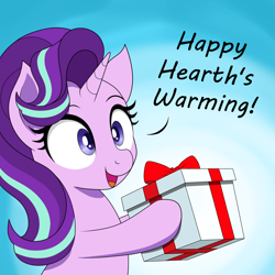 Size: 1500x1500 | Tagged: safe, artist:vomitvomiting, derpibooru exclusive, derpibooru import, starlight glimmer, pony, unicorn, g4, christmas, cute, female, glimmerbetes, gradient background, hearth's warming, holiday, horn, mare, open mouth, open smile, smiling, solo, text