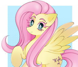 Size: 2059x1789 | Tagged: safe, artist:ypalcat, derpibooru import, fluttershy, pegasus, pony, g4, abstract background, female, mare, no more ponies at source, passepartout, raised hoof, raised leg, signature, smiling, solo, spread wings, three quarter view, wings