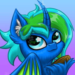 Size: 3000x3000 | Tagged: safe, artist:sunamoonmlp, derpibooru exclusive, derpibooru import, oc, oc only, oc:azure melody, alicorn, pony, g4, bat wings, bust, cheek fluff, commission, cute, ear fluff, ears, hoof fluff, horn, male, pfp, portrait, raised hoof, raised leg, smiling, stallion, wings