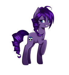 Size: 2757x3008 | Tagged: safe, artist:sonigiraldo, derpibooru import, oc, oc only, oc:zone-tan, earth pony, pony, blue eyes, braid, female, looking at you, mare, ponified, purple, purple coat, purple fur, purple hair, purple mane, purple tail, raised hoof, raised leg, simple background, skull, smiling, solo, species swap, tail, transparent background, waifu material, zone-sama