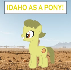 Size: 2193x2142 | Tagged: safe, artist:memeartboi, derpibooru import, oc, earth pony, pony, g4, colt, colt oc, cute, desert, earth pony oc, eyes open, foal, food, grin, happy, idaho, male, male oc, nice, outdoors, ponified, potato, potato pony, smiling, solo, solo male, species swap, standing, teeth, text, the amazing world of gumball