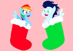 Size: 3553x2499 | Tagged: safe, anonymous artist, derpibooru exclusive, derpibooru import, rainbow dash, soarin', pegasus, pony, series:soarindash hearth's warming, series:soarindash romantic tales, g4, christmas, clothes, female, hearth's warming, holiday, looking at each other, looking at someone, male, mare, pointy ponies, shipping, smiling, smiling at each other, soarindash, socks, stallion, straight