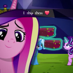 Size: 719x719 | Tagged: safe, artist:kysss90, artist:trrrebleee, derpibooru exclusive, derpibooru import, edit, edited screencap, screencap, princess cadance, starlight glimmer, trixie, alicorn, pony, unicorn, g4, road to friendship, caption, emoji, female, horn, lesbian, mare, my little pony: friendship is magic, princess of shipping, shipping, snapchat, startrix, text, trio, vector, vector edit