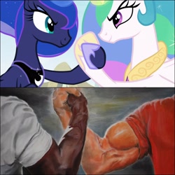 Size: 4096x4096 | Tagged: safe, artist:trrrebleee, artist:trrriple0dds, derpibooru import, screencap, princess celestia, princess luna, alicorn, pony, between dark and dawn, g4, duo, handshake, hoofshake, meme, my little pony: friendship is magic, ponified, ponified meme, species swap