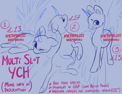 Size: 1800x1400 | Tagged: safe, artist:nyctophilist, derpibooru exclusive, derpibooru import, alicorn, pegasus, pony, unicorn, commission, ears, ears up, floating, floppy ears, flying, horn, lying down, multislot, multislot ych, sketch, smiling, standing, ych example, ych sketch, your character here