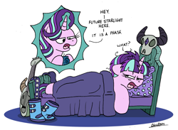 Size: 2299x1686 | Tagged: safe, artist:bobthedalek, derpibooru import, starlight glimmer, pony, unicorn, g4, atg 2022, bed, belt, boots, chocolate, clothes, dialogue, drink, edgelight glimmer, empathy cocoa, female, food, guitar, horn, hot chocolate, it's a phase, mare, mug, musical instrument, newbie artist training grounds, pillow, s5 starlight, self paradox, self ponidox, shoes, simple background, skull, starlight's room, teenage glimmer, time travel, time travel glimmer, white background, younger