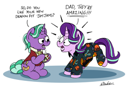 Size: 2362x1615 | Tagged: safe, artist:bobthedalek, derpibooru import, firelight, starlight glimmer, pony, unicorn, g4, board game, clothes, cute, dragon pit, duo, father and child, father and daughter, fathers gonna father, female, firebetes, glim glam's jim jams, glimmerbetes, horn, looking at each other, looking at someone, male, mare, mug, pajamas, parent and child, smug, stallion