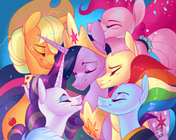 Size: 1024x820 | Tagged: safe, artist:eeviart, derpibooru import, applejack, fluttershy, pinkie pie, princess twilight 2.0, rainbow dash, rarity, twilight sparkle, twilight sparkle (alicorn), alicorn, earth pony, pegasus, pony, unicorn, g4, the last problem, end of g4, end of ponies, eyes closed, female, horn, mane six, mare, my little pony: friendship is magic, older, older applejack, older fluttershy, older mane six, older pinkie pie, older rainbow dash, older rarity, older twilight, older twilight sparkle (alicorn)