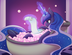 Size: 2100x1600 | Tagged: safe, artist:duskyamore, derpibooru import, princess luna, alicorn, pony, g4, annoyed, bath, bathtub, bubble bath, claw foot bathtub, ethereal mane, female, frown, levitation, looking at something, magic, mare, reading, scroll, solo, starry mane, starry tail, tail, telekinesis, working