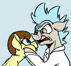 Size: 2546x2355 | Tagged: safe, artist:witchtaunter, derpibooru import, earth pony, pony, g4, grannies gone wild, cheek squish, clothes, colt, foal, looking at each other, looking at someone, male, morty smith, my little pony: friendship is magic, ponified, pony morty, pony rick, rick and morty, rick sanchez, simple background, species swap, squishy cheeks, stallion, that was fast