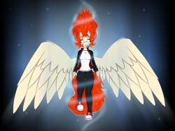 Size: 4500x3375 | Tagged: safe, artist:raw16, derpibooru import, oc, oc:ray muller, anthro, pegasus, aura, belly, belt, breasts, brow piercing, clothes, coat, denim, ear piercing, eyebrow piercing, eyeshadow, female, floating hair, floating wings, flying, force, glowing pendant, gradient background, illustration, jacket, jeans, jewelry, leather, leather jacket, long sleeved shirt, long sleeves, longsleeve, looking at something, looking up, lore, makeup, nowhere, open mouth, pants, pendant, piercing, plaid shirt, ponytail, red hair, shirt, shock, shocked, shocked eyes, shoes, shrunken pupils, simple background, sneakers, soar, solo, solo female, spread wings, t-shirt, tattoo, weightlessness, wings