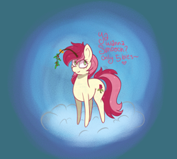 Size: 2367x2128 | Tagged: safe, artist:solardoodles, derpibooru import, roseluck, earth pony, pony, g4, chibi, commission, ear fluff, ears, highlights, mistletoe, shading, smiling, snow, solo, ych result