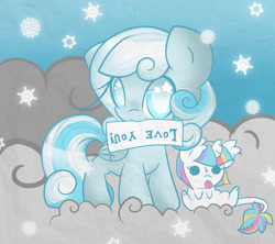 Size: 1200x1065 | Tagged: safe, artist:starlightlore, derpibooru import, oc, oc only, oc:lorelei, oc:snowdrop, pony, blind joke, cloud, cloudy, cute, female, filly, foal, mouth hold, ocbetes, sign, snow, snowbetes, snowfall, solo