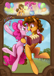 Size: 2059x2912 | Tagged: safe, artist:elbdot, derpibooru import, boneless, cheese sandwich, pinkie pie, earth pony, pony, g4, pinkie pride, accordion, balloon, cheesepie, colt, confetti, cute, diacheeses, diapinkes, female, filly, filly pinkie pie, foal, glasses, grin, looking at each other, looking at someone, male, mare, musical instrument, my little pony: friendship is magic, open mouth, raised hoof, raised leg, rubber chicken, shipping, signature, smiling, stallion, straight, tree, underhoof, younger