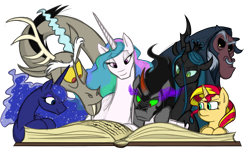 Size: 1418x883 | Tagged: safe, artist:dubsteppegasister, artist:mickeymonster, derpibooru import, discord, king sombra, lord tirek, princess celestia, princess luna, queen chrysalis, sunset shimmer, alicorn, centaur, changeling, changeling queen, draconequus, pony, taur, unicorn, g4, antagonist, book, female, horn, male, mare, missing accessory, reading, stallion