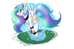 Size: 3000x2000 | Tagged: safe, artist:vincher, derpibooru import, princess celestia, alicorn, pony, g4, armband, collar, cute, cutelestia, derp, ear piercing, female, piercing, puddle, punk, sillestia, silly, silly pony, simple background, solo, splashing, spread wings, wings, wristband