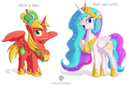 Size: 1500x1000 | Tagged: safe, artist:berrypawnch, derpibooru import, big macintosh, princess celestia, alicorn, earth pony, pony, g4, alicornified, apple (company), bigmacicorn, crown, female, hoof shoes, jewelry, looking at you, mac ad parody, male, mare, parody, peytral, princess big mac, princess shoes, pun, race swap, raised hoof, raised leg, regalia, spread wings, stallion, wings