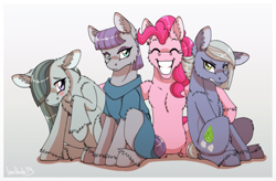 Size: 1908x1252 | Tagged: safe, artist:inuhoshi-to-darkpen, artist:jeatz-axl, derpibooru import, limestone pie, marble pie, maud pie, pinkie pie, earth pony, pony, g4, hearthbreakers, season 5, blushing, female, fluffy, gradient background, gray background, grin, group, mare, my little pony: friendship is magic, pie sisters, quartet, siblings, simple background, sisters, sitting, smiling, unshorn fetlocks