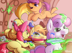 Size: 1500x1100 | Tagged: safe, artist:mricantdraw, derpibooru import, apple bloom, braeburn, scootaloo, sweetie belle, earth pony, pegasus, pony, unicorn, g4, ass up, babysitting, blank flank, bloom butt, bondage, bow, braebutt, butt, cloth gag, cutie mark crusaders, dock, equestria's worst babysitter, face down ass up, featureless crotch, flying, gag, glowing, glowing horn, hair bow, horn, levitation, magic, magic aura, makeover, male, messy, paint, paintbrush, painting, plot, quill, rope, scooter, smiling, stallion, tail, telekinesis, tied up