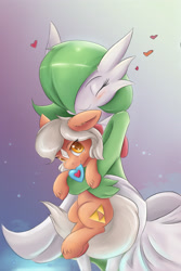 Size: 2400x3600 | Tagged: safe, artist:ardail, derpibooru import, earth pony, pony, blushing, colored pupils, crossover, cute, duo, ears, epona, eponadorable, eyes closed, female, floppy ears, fluffy, gardevoir, heart, heart container, holding a pony, hug, lidded eyes, looking at you, mare, mouth hold, nintendo, nom, phone wallpaper, piece of heart, pokémon, ponified, smiling, species swap, the legend of zelda, unshorn fetlocks