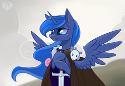 Size: 1200x821 | Tagged: safe, artist:meekcheep, derpibooru import, princess luna, tiberius, alicorn, opossum, pony, g4, a song of ice and fire, crossover, eddard stark, female, game of thrones, mare, ned stark, spread wings, wings, winter is coming