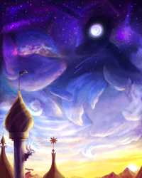 Size: 2190x2737 | Tagged: safe, artist:jadedjynx, derpibooru import, nightmare moon, princess celestia, princess luna, alicorn, pony, g4, canterlot, cloud, female, filly, foal, lunar trinity, mare in the moon, moon, mountain, s1 luna, scenery, shooting star, sky, stars, sun, sunrise, woona, younger