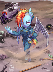 Size: 1100x1491 | Tagged: safe, artist:moenkin, derpibooru import, rainbow dash, anthro, pegasus, unguligrade anthro, g4, alternate timeline, apocalypse dash, badass, battlefield, crystal war timeline, dead, decapitated, female, hand on hip, helmet, implied murder, looking at you, scar, severed head, solo, spear, torn ear, war, weapon