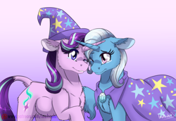 Size: 1920x1320 | Tagged: safe, artist:inuhoshi-to-darkpen, derpibooru import, starlight glimmer, trixie, classical unicorn, pony, unicorn, g4, no second prances, season 6, accessory swap, cloven hooves, crying, female, horn, horns are touching, leonine tail, lesbian, mare, my little pony: friendship is magic, patreon, patreon logo, shipping, startrix, tail, unshorn fetlocks