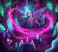 Size: 1500x1350 | Tagged: safe, artist:liliumena, derpibooru import, princess cadance, queen chrysalis, shining armor, twilight sparkle, alicorn, changeling, changeling queen, pony, unicorn, g4, crystal, female, fusion, glowing, glowing horn, horn, laughing, magic, open mouth, raised hoof, raised leg, smiling, sparkles, spread wings, wide eyes, wings