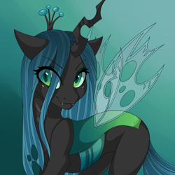 Size: 2449x2449 | Tagged: safe, artist:ridgessky, derpibooru import, queen chrysalis, changeling, changeling queen, g4, crown, cute, cutealis, eye clipping through hair, eyebrows, eyebrows visible through hair, fangs, female, gradient background, horn, jewelry, regalia, smiling, solo, wings