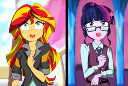 Size: 2400x1626 | Tagged: safe, artist:trainbang, derpibooru import, sci-twi, sunset shimmer, twilight sparkle, human, equestria girls, friendship games, g4, clothes, crystal prep academy uniform, female, homesick, homesick shimmer, looking up, open mouth, scene interpretation, school uniform, what more is out there