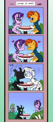 Size: 1451x3300 | Tagged: safe, artist:loreto-arts, derpibooru import, spike, starlight glimmer, sunburst, thorax, changeling, dragon, pony, unicorn, g4, comic, date, disguise, disguised changeling, fake starlight glimmer, female, gay, giving up the ghost, heart, horn, implied shipping, implied starburst, implied straight, joke, kiss on the lips, kissing, laughing, male, mare, prank, pranked, ship:thoraxburst, shipping, shipping denied, stallion, starburst, straight