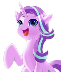 Size: 2266x2646 | Tagged: safe, artist:suziouwabami, derpibooru import, starlight glimmer, pony, unicorn, g4, cute, female, glimmerbetes, horn, looking at you, mare, open mouth, raised hoof, raised leg, simple background, smiling, solo, white background