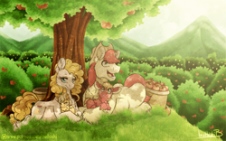 Size: 2560x1600 | Tagged: safe, artist:inuhoshi-to-darkpen, derpibooru import, applejack, big macintosh, bright mac, pear butter, earth pony, pony, g4, season 7, the perfect pear, apple, apple tree, baby, baby pony, brightbutter, canon couple, chest fluff, colt, colt big macintosh, cottagecore, dappled sunlight, family, female, filly, filly applejack, foal, food, lying down, male, mare, my little pony: friendship is magic, pregnant, prone, scenery, shipping, stallion, straight, sweet apple acres, tree, younger