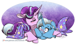 Size: 1890x1134 | Tagged: safe, artist:inuhoshi-to-darkpen, derpibooru import, starlight glimmer, trixie, pony, unicorn, g4, blushing, cape, clothes, cuddling, eyes closed, female, hat, horn, lesbian, mare, nuzzling, shipping, simple background, startrix, transparent background, trixie's cape, trixie's hat, unshorn fetlocks