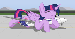 Size: 1920x1003 | Tagged: safe, artist:buckweiser, derpibooru import, twilight sparkle, twilight sparkle (alicorn), alicorn, pony, g4, airport, boeing, boeing 777, cute, equestrian airlines, female, giant pony, hug, macro, mare, mega twilight sparkle, plane, snuggling, solo, twiabetes